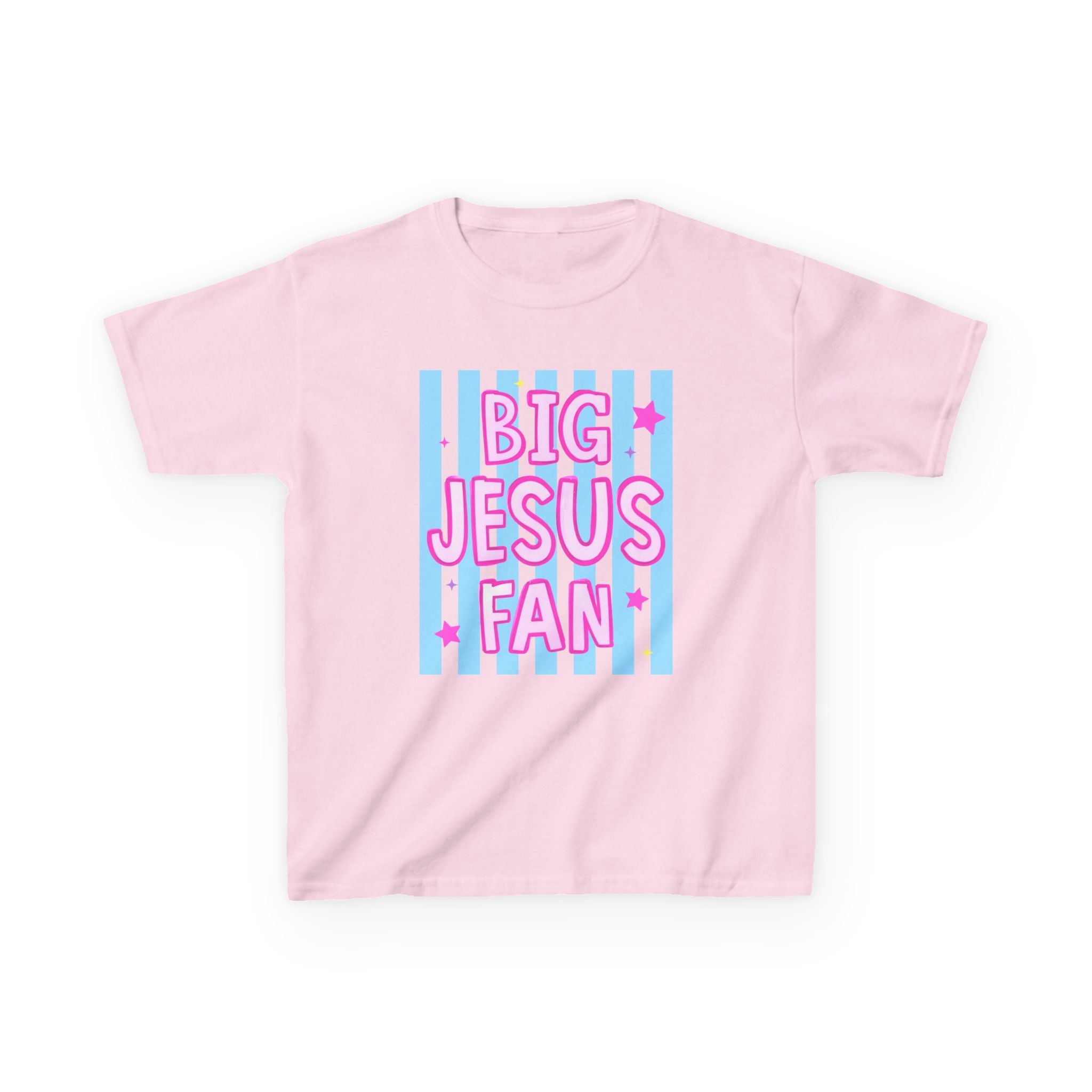Kids Tee — "Big Jesus Fan" Pastel Striped Christian Shirt