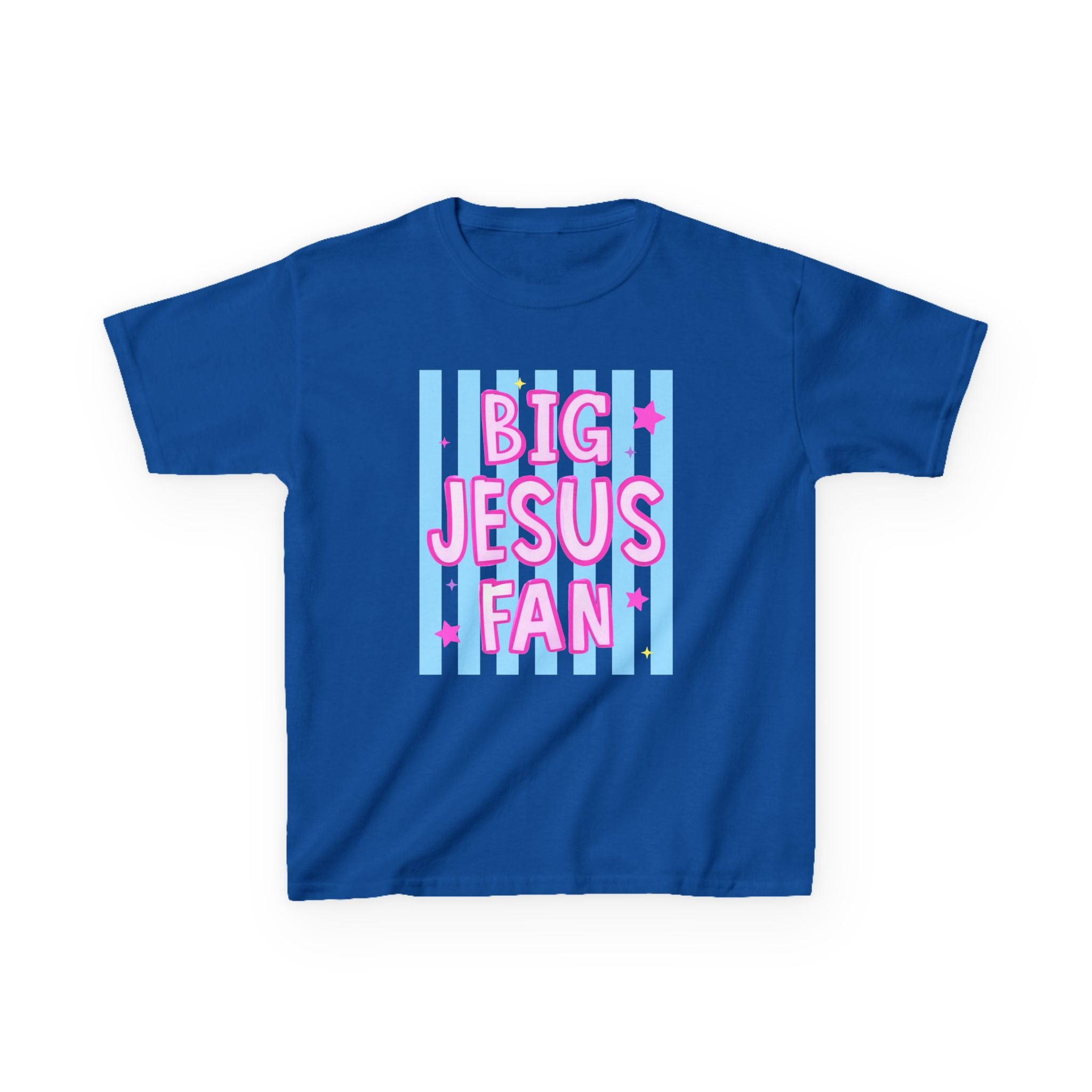 Kids Tee — "Big Jesus Fan" Pastel Striped Christian Shirt