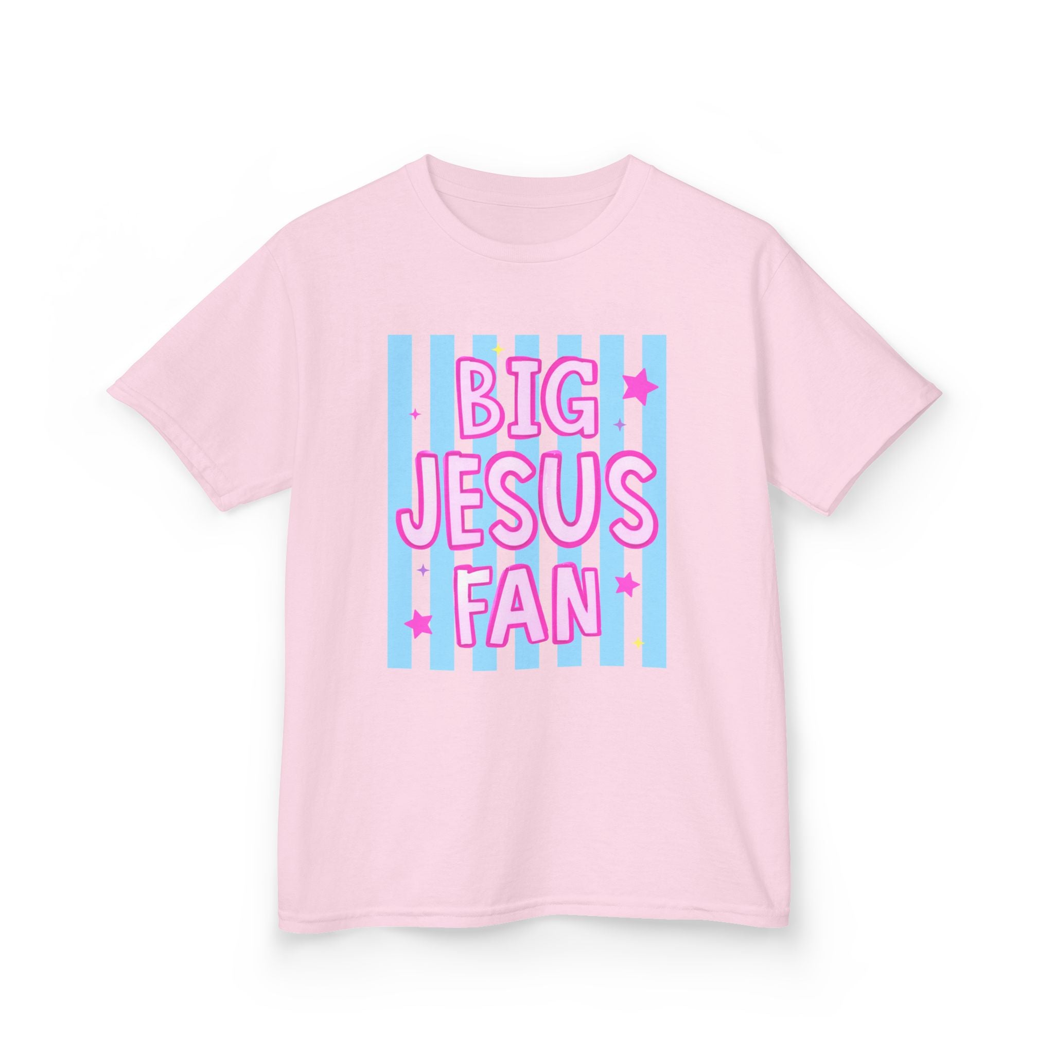 Kids Tee — "Big Jesus Fan" Pastel Striped Christian Shirt