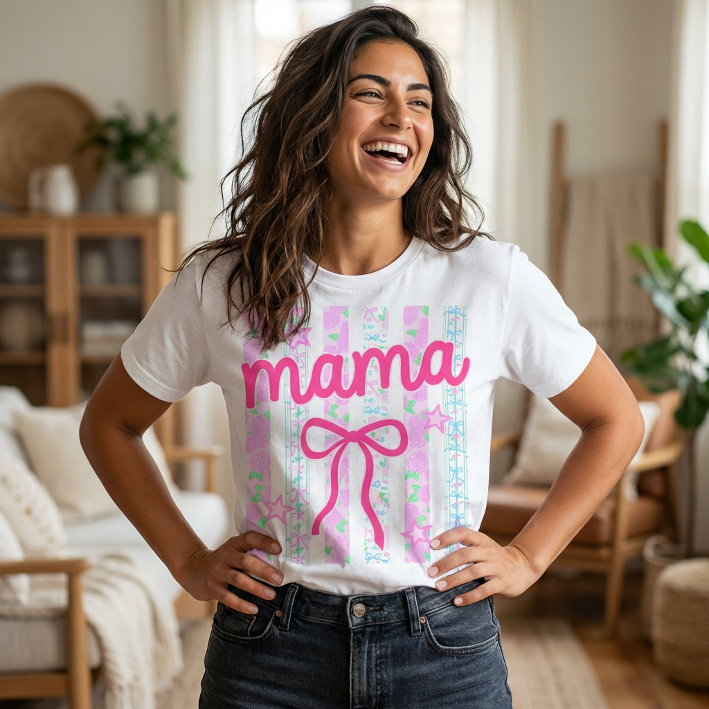 Mama Bow T-Shirt — Pastel Stripes & Ribbon Mother’s Day Tee