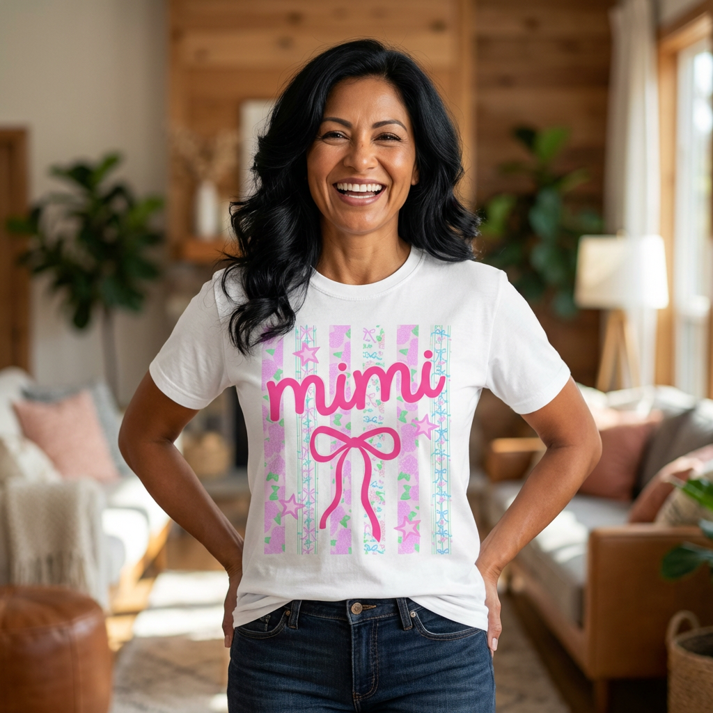 Mimi Pink Bow T-Shirt — Cute Pastel Stars & Stripes Graphic Tee