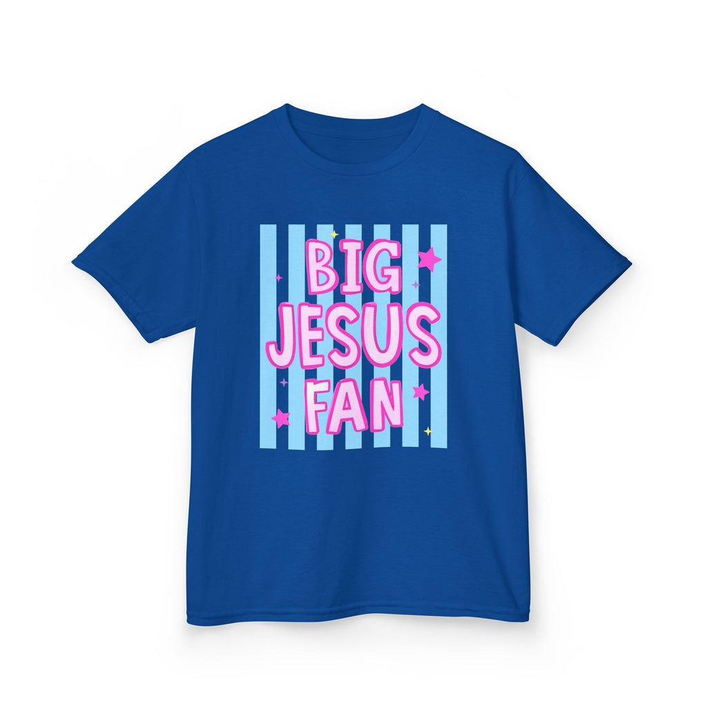 Kids Tee — "Big Jesus Fan" Pastel Striped Christian Shirt