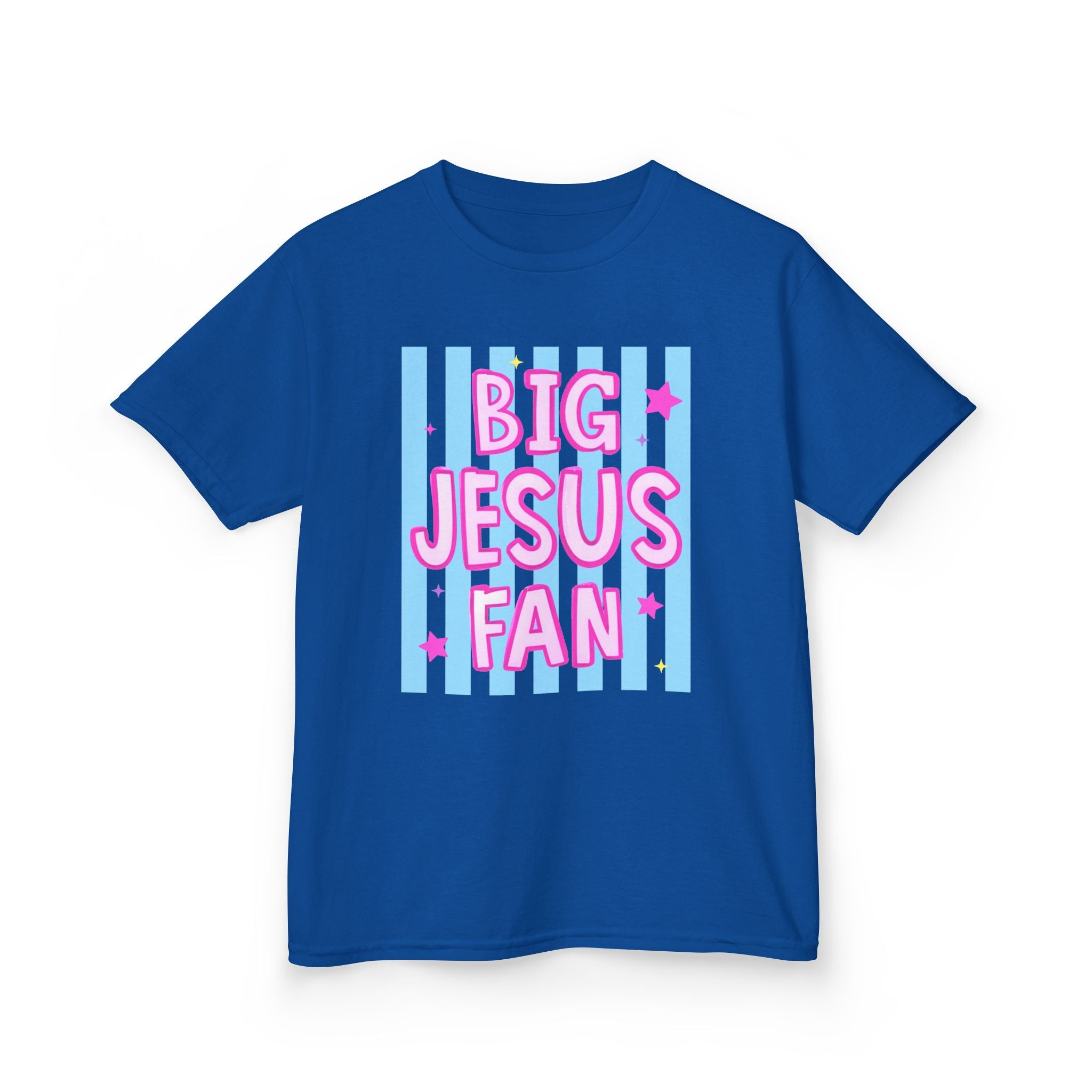 Kids Tee — "Big Jesus Fan" Pastel Striped Christian Shirt