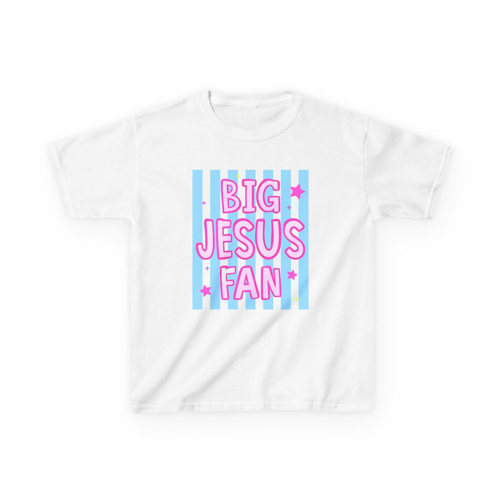Kids Tee — "Big Jesus Fan" Pastel Striped Christian Shirt