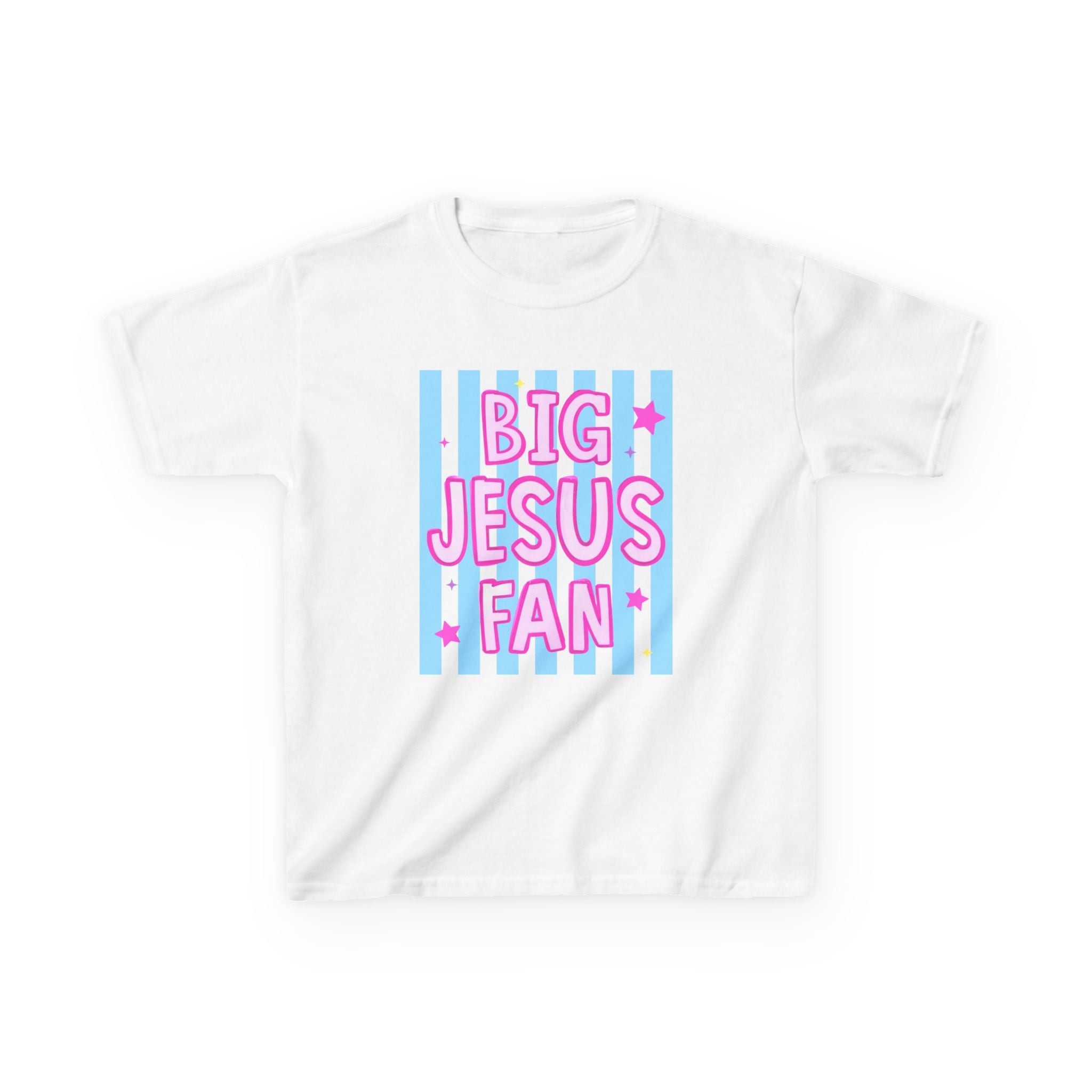 Kids Tee — "Big Jesus Fan" Pastel Striped Christian Shirt