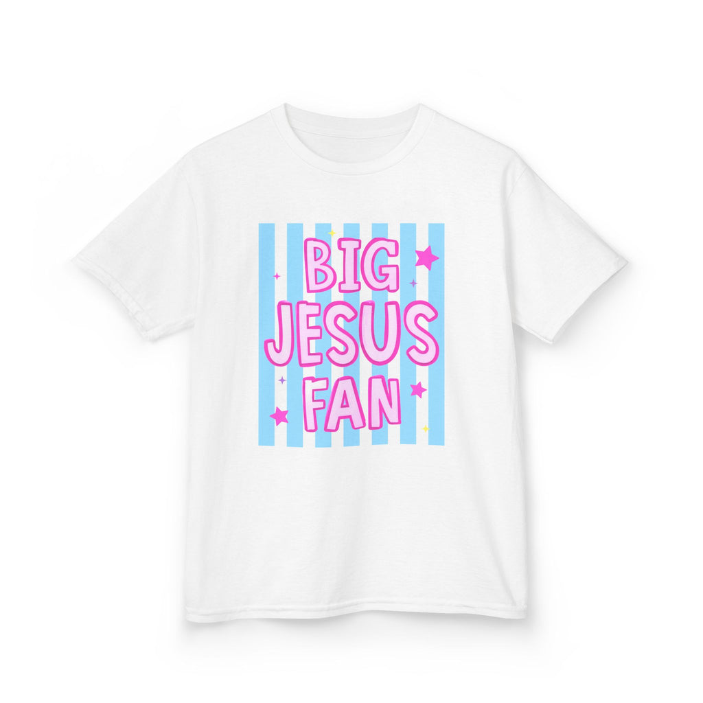 Kids Tee — "Big Jesus Fan" Pastel Striped Christian Shirt