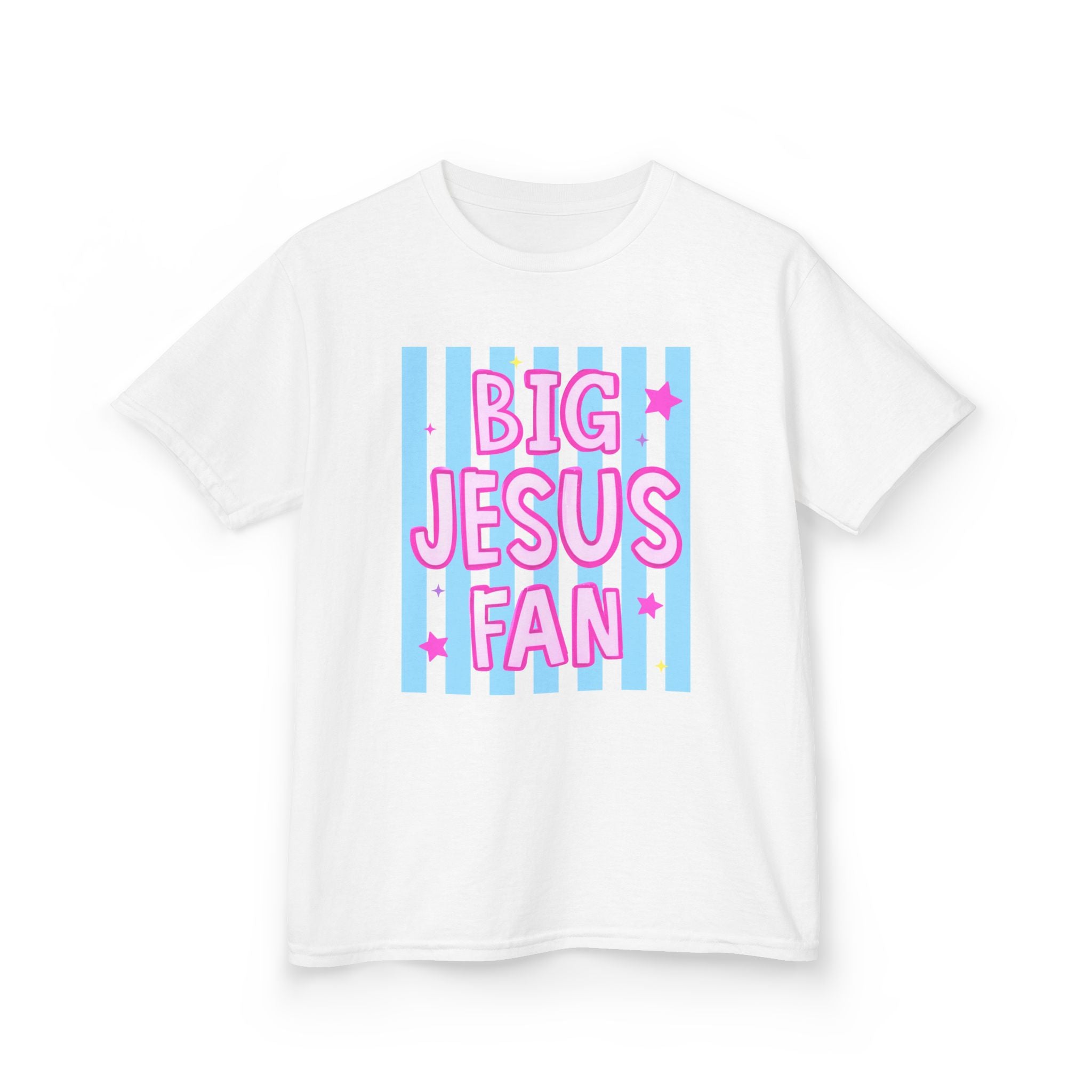 Kids Tee — "Big Jesus Fan" Pastel Striped Christian Shirt